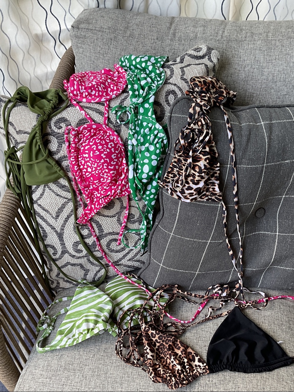 Lot of 6 Women’s String Bikini Top Pack — Pink, Green, Leopard, Olive, Black